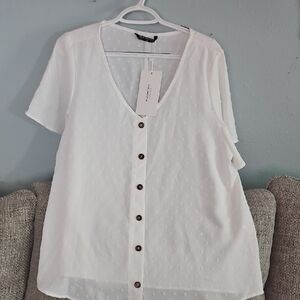 BloomChic White Swiss Dot Button-Front Top